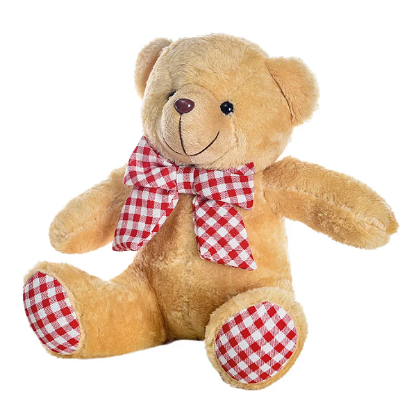 Urso de Pelúcia Sentado com Laço Xadrez no Pescoço 25x18x12cm - Ref 1114207 Cromus