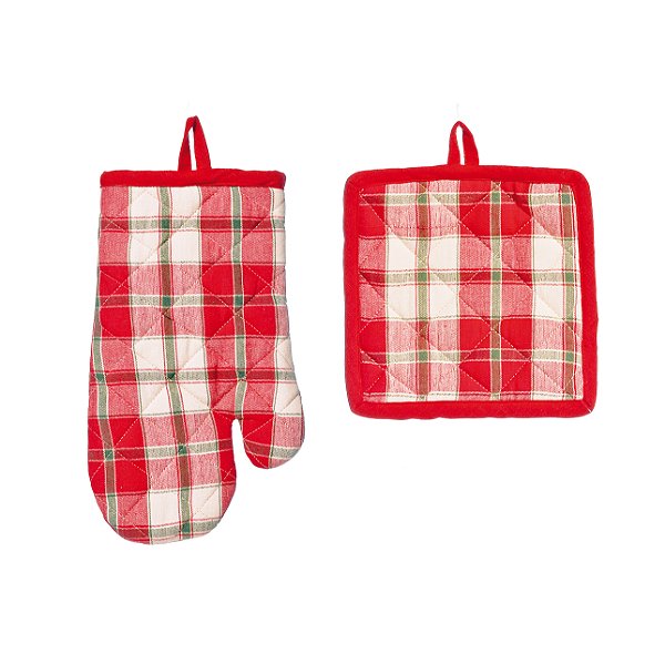Kit Cozinha Luva e Pegador Xadrez Verde e Vermelho - Ref 1595360 Cromus