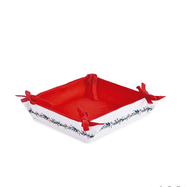 Cesta Para Pães Branco e Vermelho - Double Face Guirlandas 23x23x6cm - Ref 1595345 Cromus