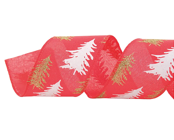 Fita Aramada de Natal Vermelha com Pinheiros Branco e Ouro 9.14x6.3cm - Ref 1009306 - Cromus