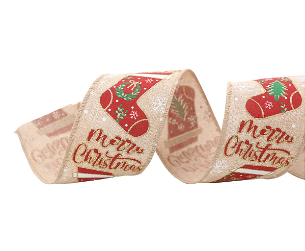 Fita Aramada de Natal Juta Estampa Botas Merry Christmas 914x6,3cm - Ref 1009345 - Cromus