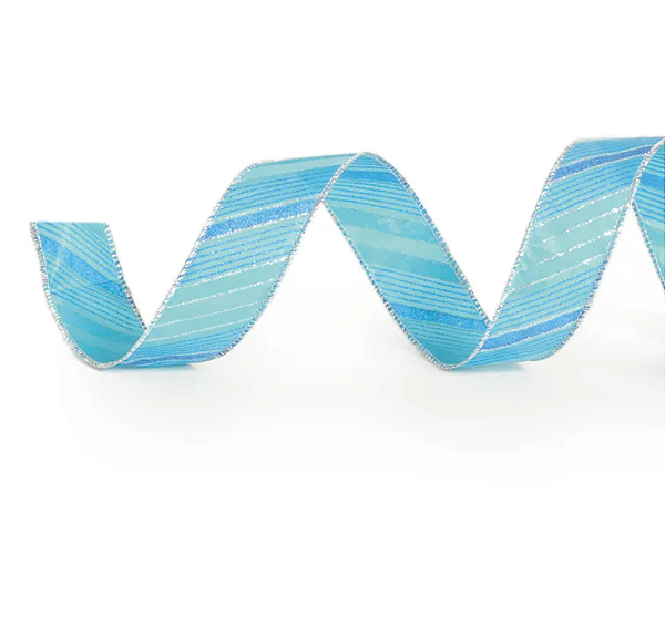 Fita Aramada de Natal Azul Claro com Listras 3,8cm x9.14mts - Ref 1317502 Cromus