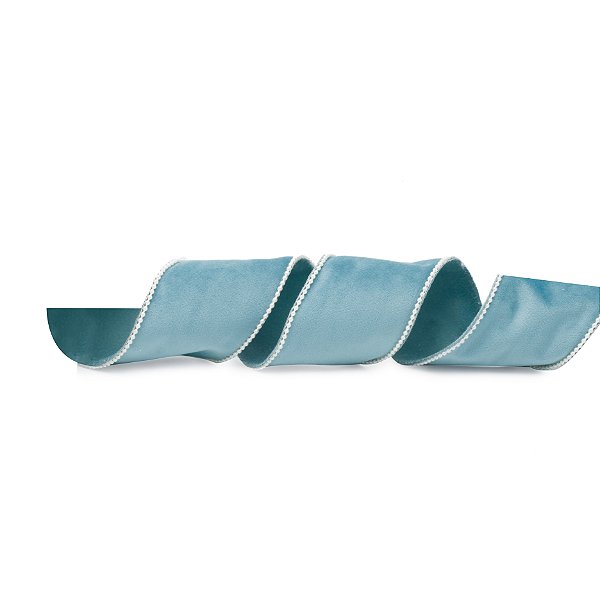 Fita Aramada de Natal Veludo Azul Claro com Borda Perolas 6,3cmx4,5m - Ref 1923884 - Cromus