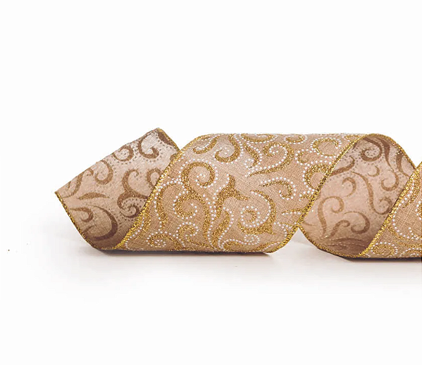 Fita Aramada de Natal Cru com Arabescos Ouro 10cm x9.14mt - Ref 1360866 - Cromus