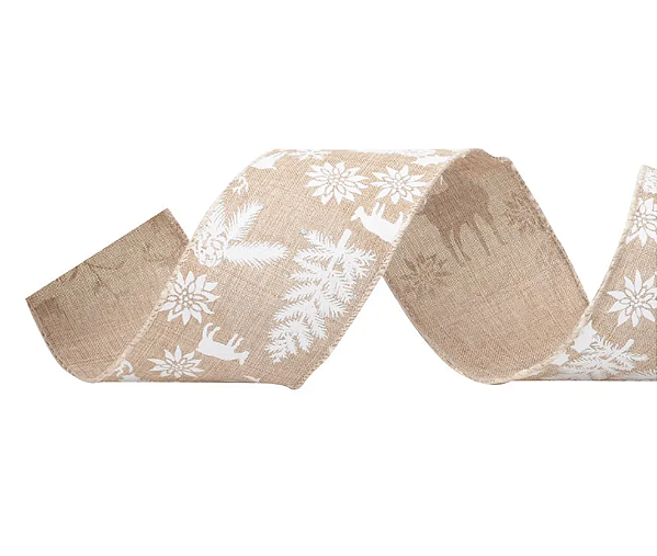 Fita Aramada de Natal Juta Cru com Estampas Pinheiros e Flores 6,3CMx9,14M - Ref 1012918 - Cromus