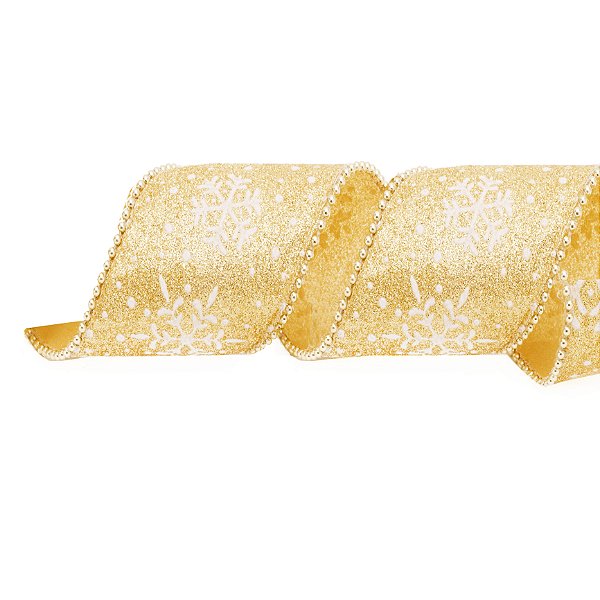 Fita Aramada de Natal Glitter Dourado com Borda Aljofre 6,3cmx9,14m - Ref 1923171 Cromus