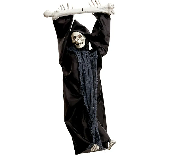 Caveira Calixto Pendurada no Osso com Luz, Som e Movimento 85cm- Ref 29004499 Halloween Cromus