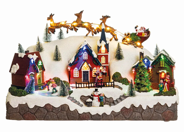 Vila de Natal com Trenó Papai Noel Voando e Árvore Giratória, Luz, Som e Movimento Bivolt 40x20cm - Ref 1593086 Cromus