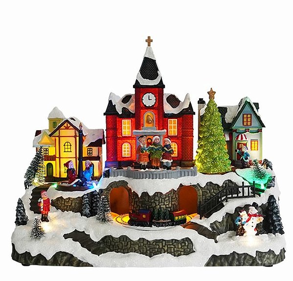 Vila de Natal Catedral com Coral e Trem, com Luz, som e Movimento 34x25x17cm - Ref VL016 Tok da Casa