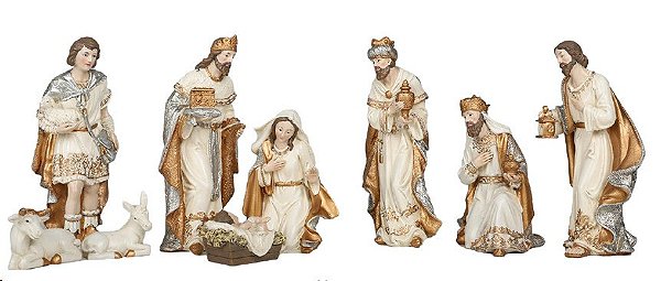 Presépio de Resina Dourado, Branco e Prata com 9 Peças 17cm - Ref RS2177 Tok da Casa