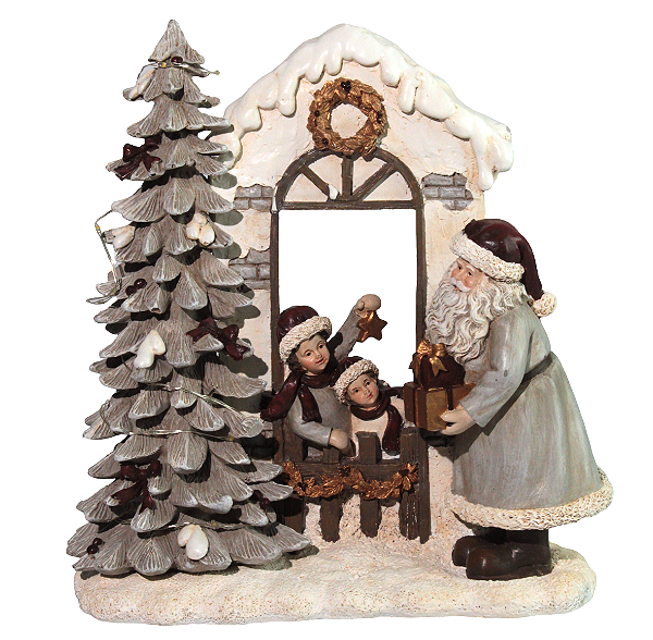Enfeite de Resina Papai Noel na Janela com Crianças e Pinheiro com Led 22cm - Ref RS1155 Tok da Casa