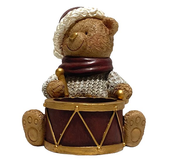Enfeite de Resina Urso Sentado com Tambor 11cm - Ref RS1182 Tok da Casa