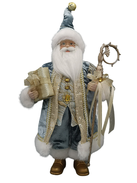 Boneco Papai Noel Em Pé com Roupa Azul Claro Segurando Cedro 45cm - Ref PN1296 Tok da Casa