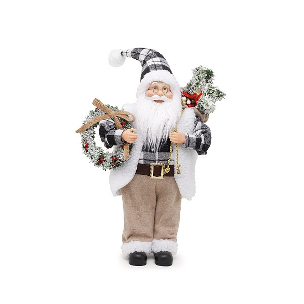 Boneco Papai Noel Roupa Xadrez Branco e Preto Segurando Guirlanda 45cm - Ref 1208614 Cromus