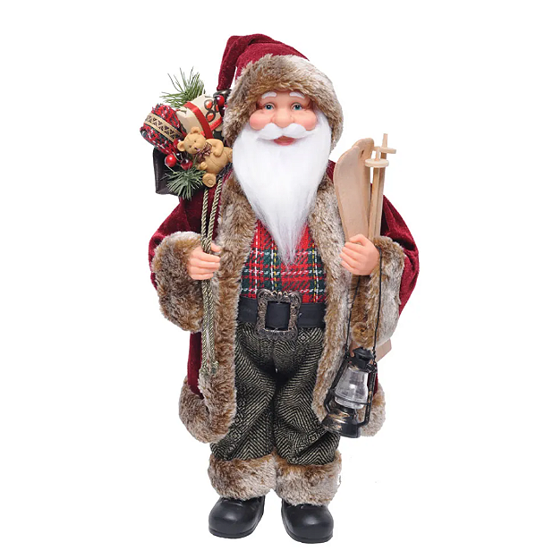 Boneco Papai Noel em Pé Segurando Esquis e Lanterna 40cm - Ref 1025550 Cromus