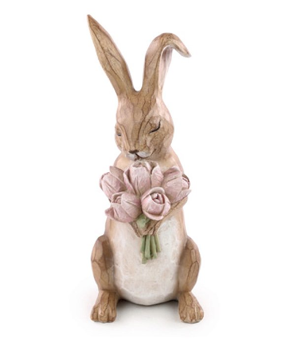 Coelha de Resina Amadeirada em Pé com Buque Flores 28x13x11cm - Ref 1065115 Cromus