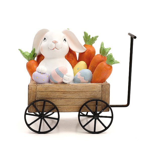 Coelho de Resina no Carrinho com Cenouras e Ovos 13x15x8cm - Ref 1038066 Cromus