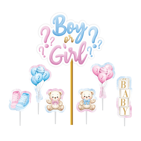 Topo de Bolo Festa Chá de Revelação Azul e Rosa - Ref 120061 Piffer