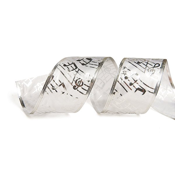 Fita Aramada de Natal Branca com Estampa Notas Musicais Prata 6,3x914cm - Ref 1418030 Cromus