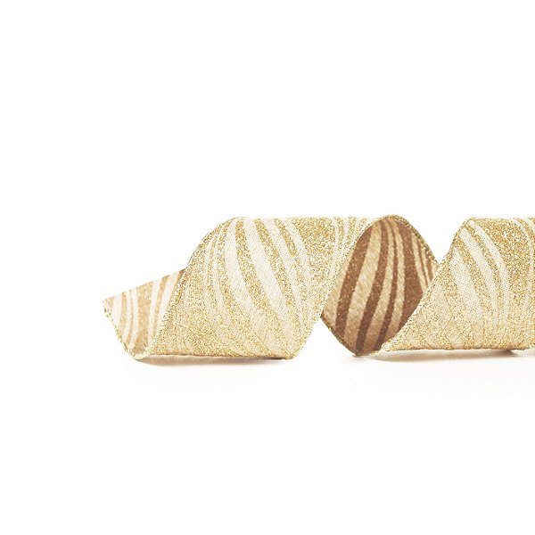 Fita Aramada de Natal Linho Cru com Ondas Glitter Dourado 6,3x914cm - Ref 1641535 Cromus