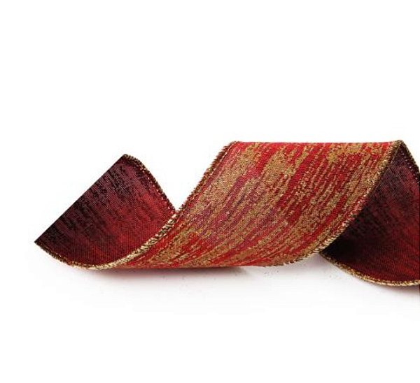 Fita Aramada de Natal Linho Vermelho com Riscas Douradas 6,3x914cm - Ref 1750320 Cromus