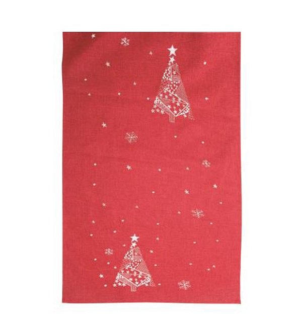 Caminho de Mesa Vermelho de Linho com Bordados Pinheiros 35x175cm - Ref 1058210 Cromus