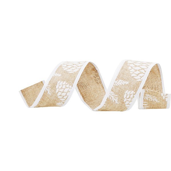 Fita Aramada de Natal Cru com Estampa Pinhas e Folhas 3,8cmx9,14m - Ref 1923150 Cromus