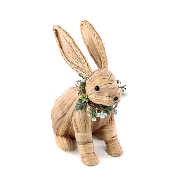 Coelho de Palha Trançada Sentado com Arranjo no Pescoço 33x25x16cm - Ref 1064689 Cromus