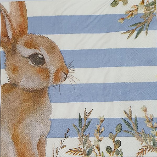 Guardanapo de Papel de Páscoa Coelho com Flores e Listras Azul 20Folhas 32,5x32,5cm - Ref 1067724 Cromus