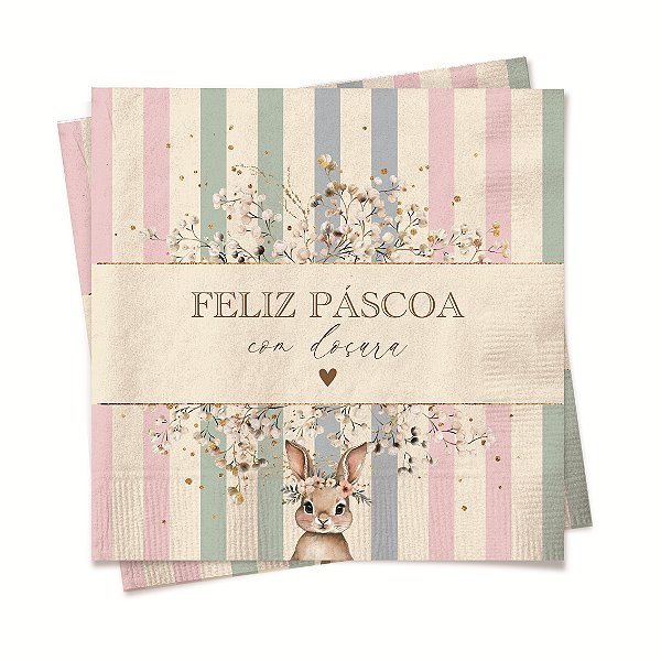 Guardanapo de Papel de Páscoa Coelho com Flores e Listras Colorido 20Folhas 33x33cm - Ref 19000999 Cromus