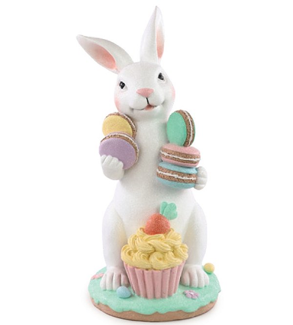 Coelho Branco de Resina em Pé com Cupcake e Segurando Macarrons 34x18x16cm - Coleção Pastries - Ref 1050390 Cromus