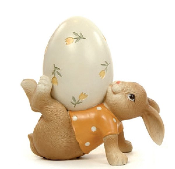 Coelho de Resina Deitado Equilibrando Ovo de Tulipas Amarelas 16x10x8cm - Coleção Breeze - Ref 1054907 Cromus