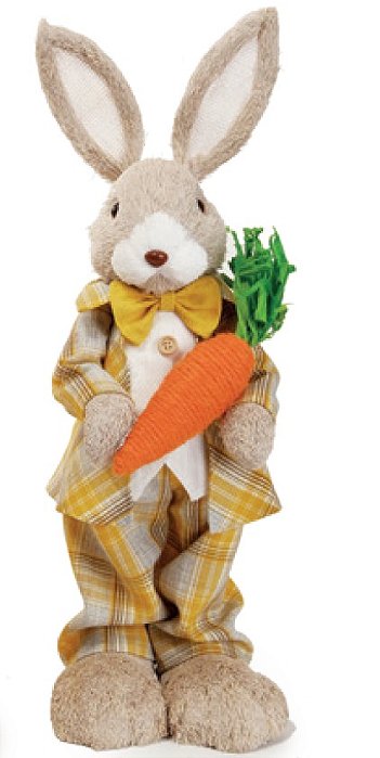 Coelho de Palha Italiana em Pé com Roupa Xadrez Amarela Segurando Cenoura 45x15x15cm - Dijon - Ref 1065301 Cromus