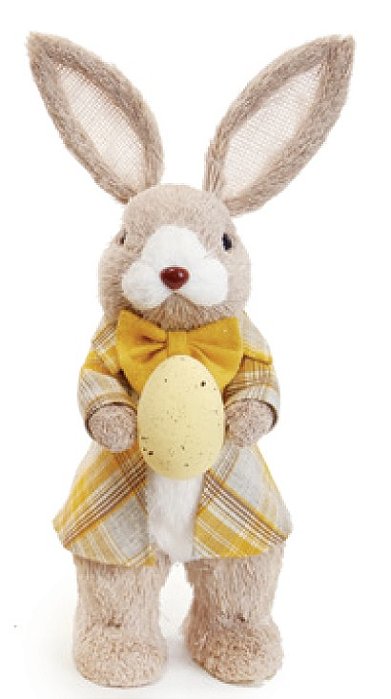 Coelho de Palha Italiana em Pé com Roupa Xadrez Amarela Segurando Ovo 32x13x12cm - Dijon - Ref 1065302 Cromus