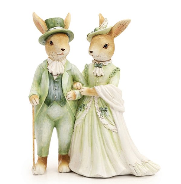 Casal de Coelhos de Resina com Roupas de Epoca Verde 20x16x8cm - Ref 1030989 Cromus
