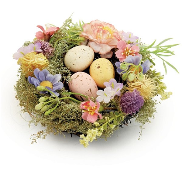 Ninho Decorativo de Palha com Ovos e Flores 17x17x8cm - Ref 1064752 Cromus