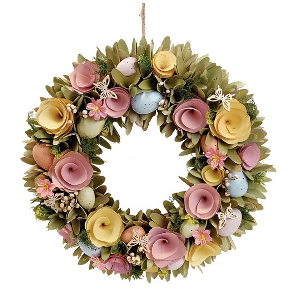 Guirlanda De Páscoa Flores e Folhas de Madeira com Ovos e Borboletas 40x40x9cm - Ref 1065628 Cromus