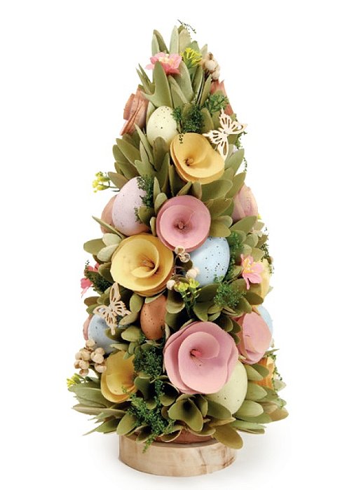 Topiaria de Páscoa Flores e Folhas de Madeira com Ovos 39x19x19cm - Ref 1065272 Cromus