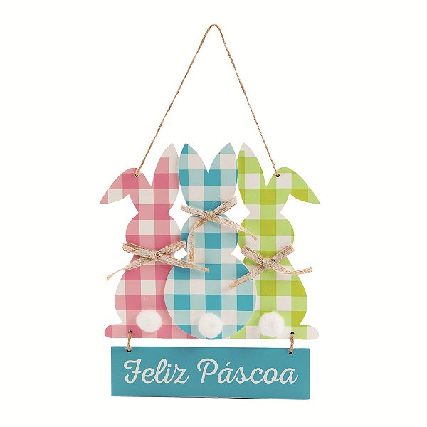 Placa Feliz Páscoa Coelhos Xadrez 30x18x2cm - Ref 1015948 Cromus