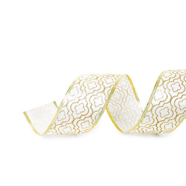 Fita Aramada de Natal Cetim Branco com Estampa Colmeia Glitter 6,3cm - Ref 1717037 Cromus