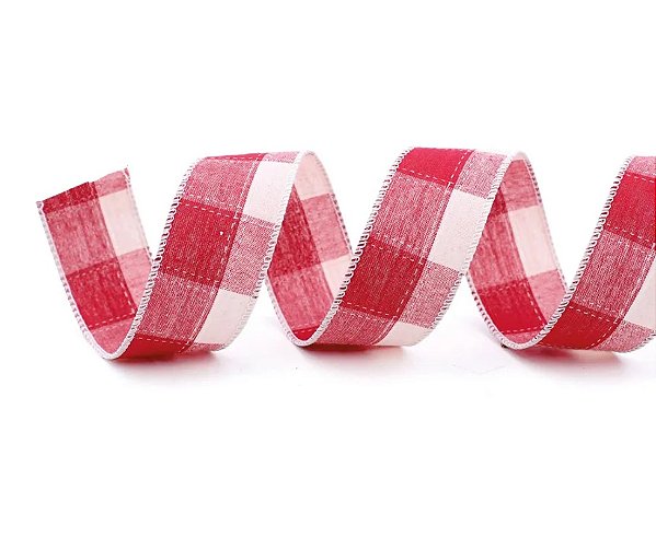 Fita Aramada de Natal Linho Xadrez Vermelho e Branco 9.14x3.8cm - Ref 1026341 Cromus