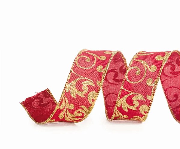 Fita Aramada de Natal Linho Vermelho com Estampa Folhas Douradas 3,8cm - Ref 1641476 Cromus