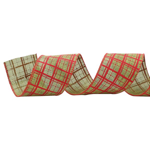 Fita Aramada de Linho Verde com Estampa Quadriculada Vermelha 6,3x914cm - Ref 1008665 Cromus