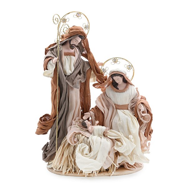 Sagrada Família de Resina e Tecido Jesus na Manjedoura 78x30x30cm Chá- Ref 1004115 Cromus