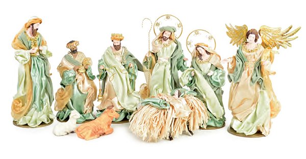 Presépio de Resina e Tecido 9 Peças 42cm Verde Claro e Dourado - Ref 1046032 Cromus
