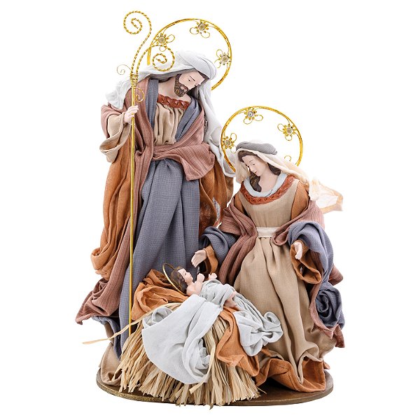 Sagrada Família de Resina e Tecido Menino Jesus na Manjedoura de Palha 48x35x20 - Ref 1106350 Cromus