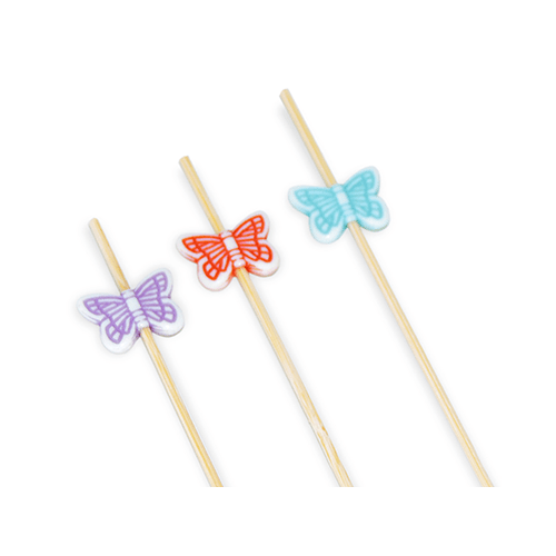Palito de Petisco de Bambu com Borboletas Coloridas 12cm com 12Un - Silver Plastic