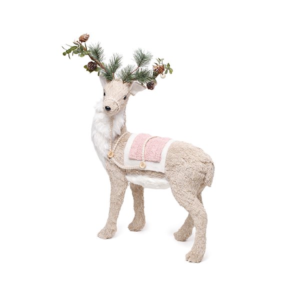 Rena de Palha Italiana com Sela Rosa e Chifre de Galhos 50cm - Ref 1206871 Cromus