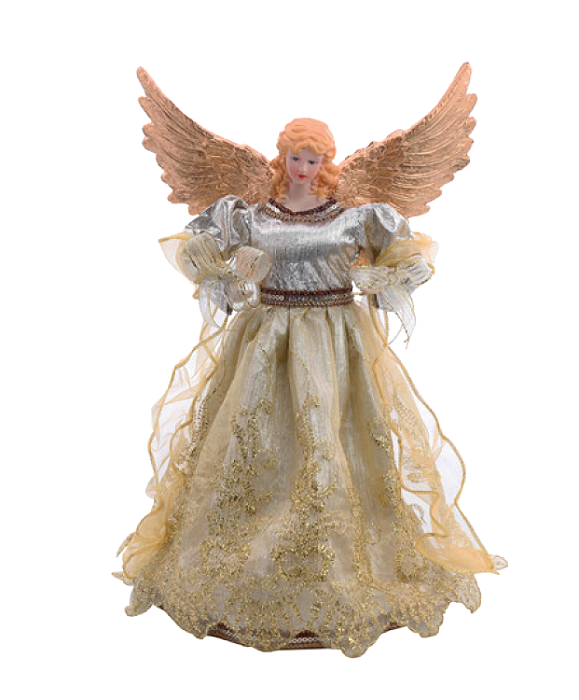 Anjo em Pé com Vestido Dourado de Renda e Asas Douradas 32x22cm - Ref 1113886 Cromus