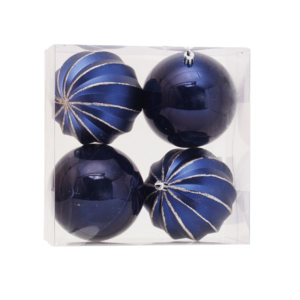 Bolas de Natal Lisa e Gomos Azul Escuro 10cm com 4Un - Bolas Natalinas - Ref 1205670 Cromus